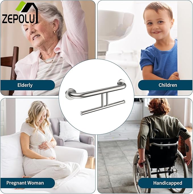 Brushed Nickel Handicap Grab Bar w/Toilet Paper Roll Holder, Zepolu 2-in-1 Safety Assist Bar Balanced Support Handle 17 Inch, Stainless Steel Wall Mounted Bathroom Toilet Grab Bar for Senior Elderly