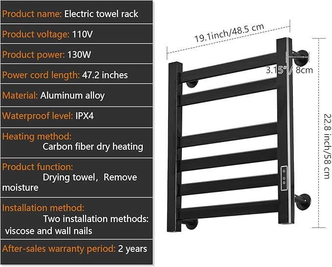 Verida Towel Warmer Rack, Heated Towel Rack for Bathroom, Wall-Mounted Plug (Not Hardwired), Aluminum Alloy, with Timer and Temperature Adjustment, Overheat Protection Function(Medium Black)