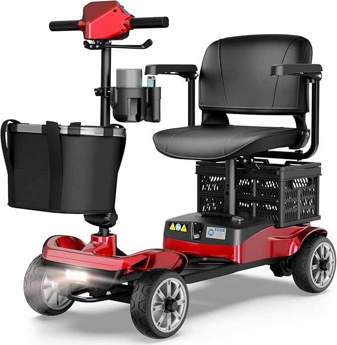 Mobility Scooter for Adults & Seniors with Removable Spare Battery - 24.8 Miles Total Range, Cruise & Airport Approved, Foldable Motorized Scooters with Dual Basket, Phone & Cup Holder, Red