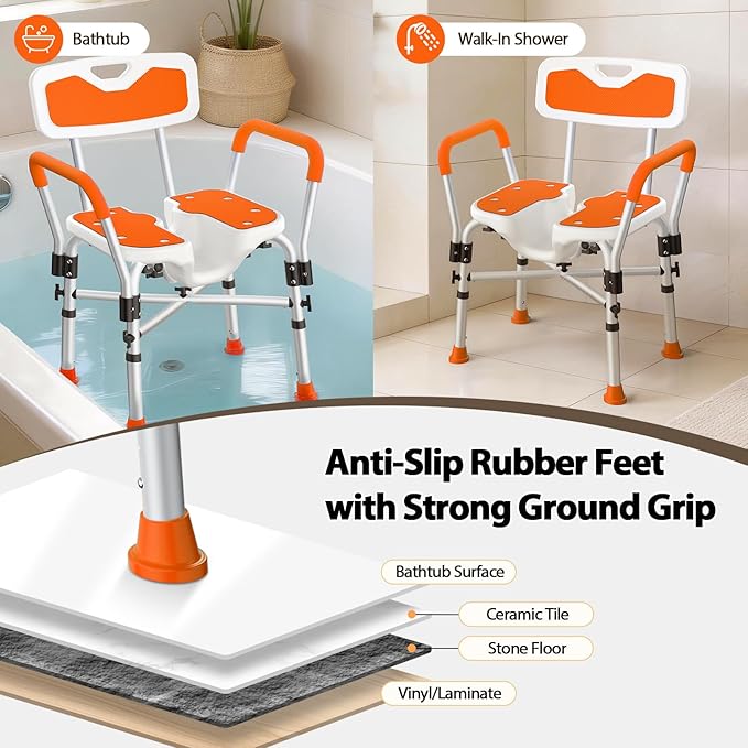 FSA/HSA Heavy Duty Shower Chair for Inside Shower, 500LBS Shower Chair with Arms Back, Padded Bath Seat with U-Shaped Cutout, Anti-Slip Adjustable Bath Stool for Seniors, Handicap, Pregnant, Orange