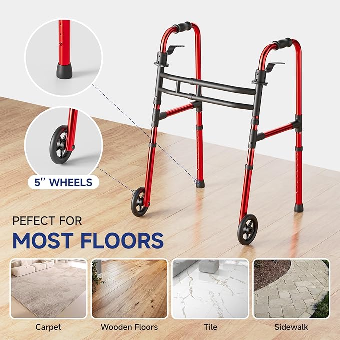Loyoda Walkers for Seniors Foldable, Aluminum Lightweight Walker with Wheels, Adjustable Height & Width Standard Walkers for Elderly & Disabled, 350 lbs Capacity, Red