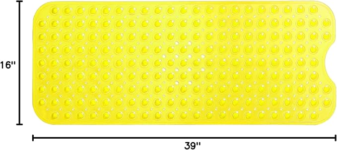 Extra-Long Non-Slip Bathtub & Shower Mat 39”x16” (Smooth/Non-Textured Tubs Only) Safe, Clean, Machine-Washable, Superior Grip&Drainage, Vinyl, Transparent Light Yellow