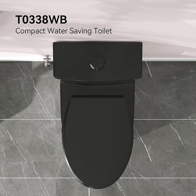 HOROW T0338WB Elongated One Piece Toilet Black, Compact Modern Toilet with Comfortable Seat Height, ADA Chair Height 17.3", Power Dual Flush 0.8/1.28 GPF, Matte Black, 12" Rough-in