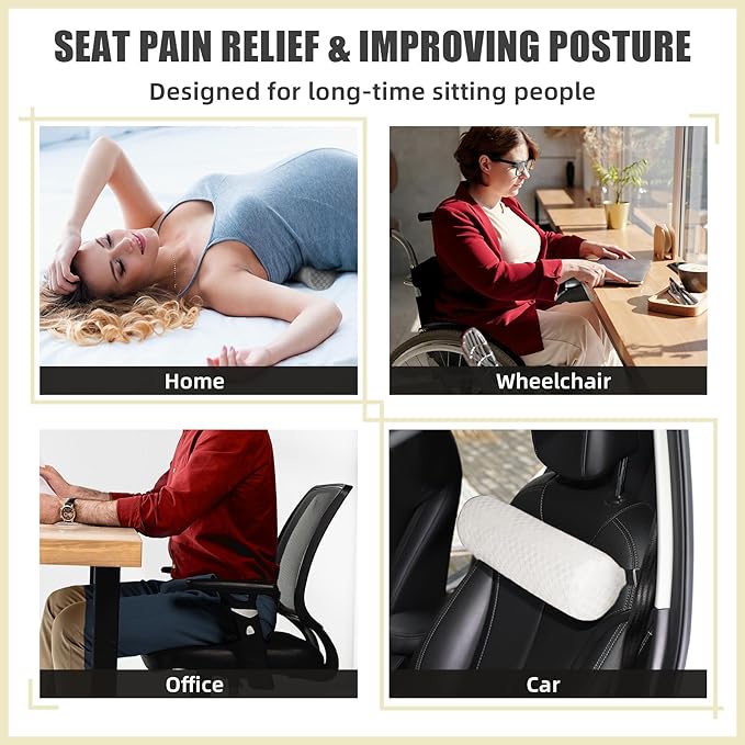 Lumbar Roll Pillow for Lower Back, Lumbar Support Foam Roll Cushion with Pillowcase and Upgraded Strap for Office, Chair, Car, Seat Pain Relief & Improving Posture (Cream, Long-15 * 4.3'')