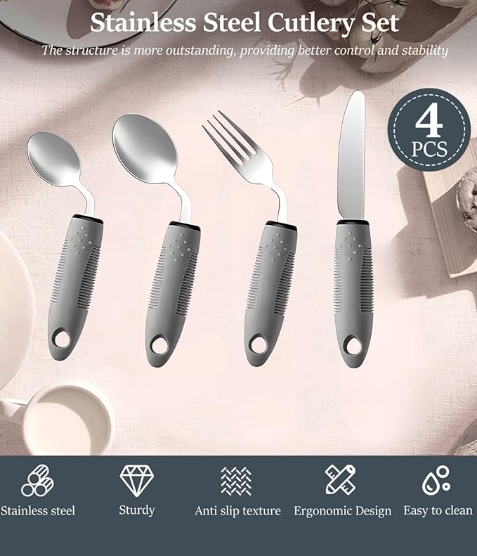 4Pcs Weighted Adaptive Utensils 42° Angled Parkinsons Utensils, Weighted Utensils for Hand Tremors and Parkinsons Patients, Arthritis Silverware for Elderly & Seniors (B-RH-Grey)