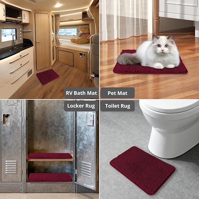 Small Bathroom Rug 12"x18" – Washable and Absorbent Bath Mat, Non Slip, Thick Soft Chenille Bath Rugs for Bathroom, Shower, Sink, Dog mat(Vivid Burgundy)