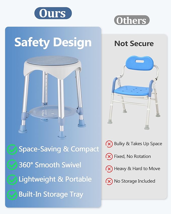 Shower Stool with Storage Tray, Height Adjustable Rotating Shower Chair for Seniors and Adults, 360° Swivel Tub Transfer Bench for Bathroom and Inside Shower (Blue)