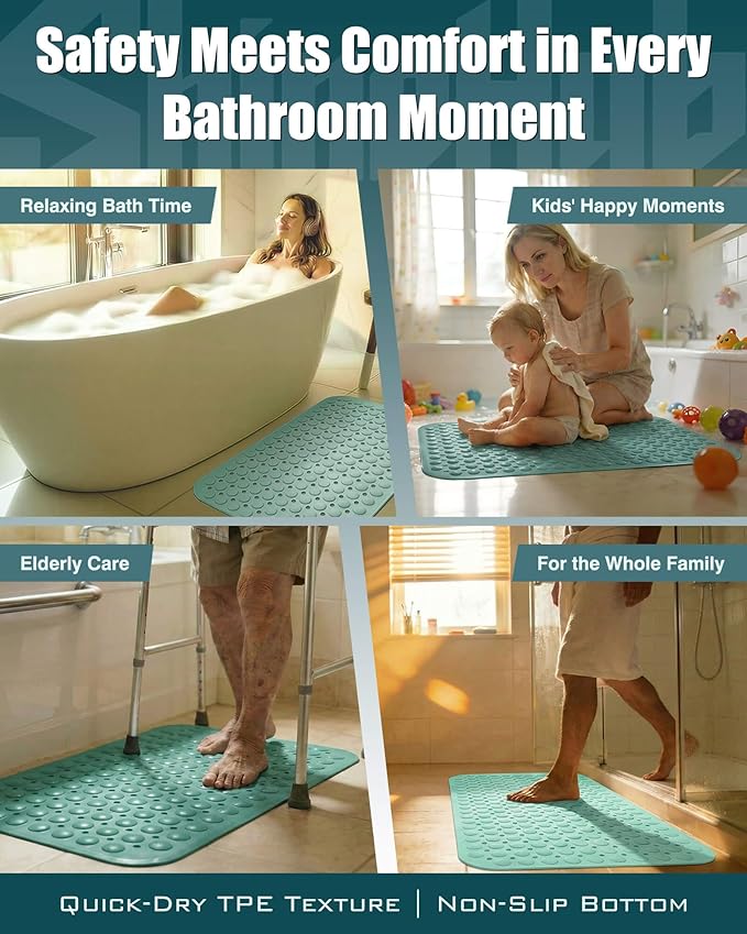 7mm Extra Thick TPE Bath Mat, Non-Slip Shower Mat for Bathroom and Tub, 28x16 Inch with Drainage Holes and Stability Grip, Machine Washable, Smoke Pine Green