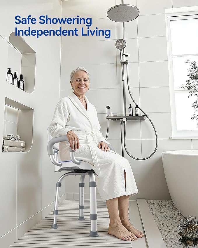 KingPavonini Swivel Shower Chair with Arms and Back, 550 lbs Heavy-Duty Shower Chair for Inside Shower Stall and Tub, Anti-Slip M-Shaped Seat & Height Adjustable Shower Seat for Elderly and Disabled
