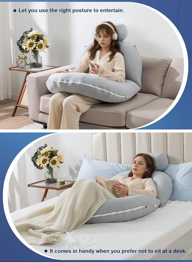 INSEN Reading Pillow, Back Pillow for Sitting in Bed for Reading, Nurse & Relax, Reading Pillow for Adults, Moms & Kids, Sit Up Pillow for Bed, Cooling Stripe, Grey