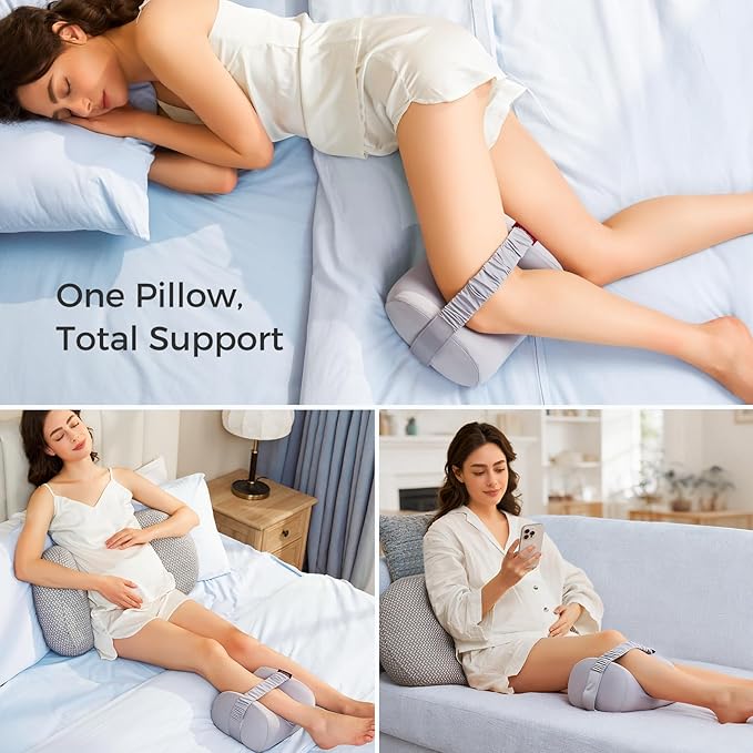Momcozy Knee Pillow for Side Sleepers, Soft Memory Foam & Pinch-Free Design, Relieve Knee, Leg and Sciatica Pain, Adjustable Elastic Strap Ideal for Pregnant Women and Seniors, Cooling Cover, Gray