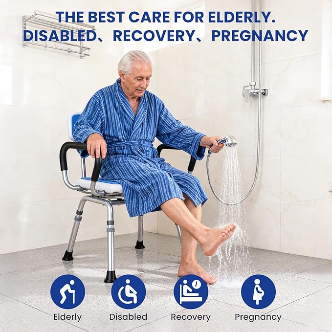 Deluxe Swivel Shower Chair with Arms & Back by CZMY, 360° Locking Seat, 5-Level Height Adjustable, Padded Heavy-Duty Bath Chair, 300 lbs, for Seniors, Elderly, Handicap & Disabled Blue