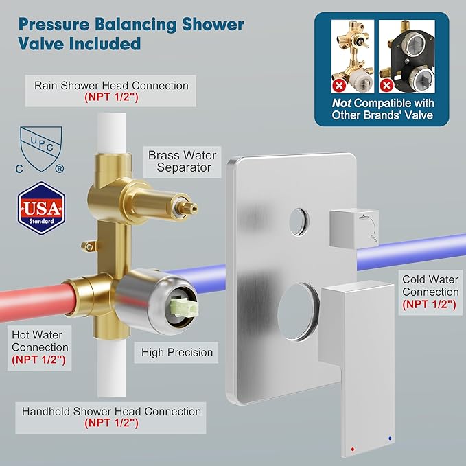 Kurpot Shower System, 10'' High Pressure Brushed Nickel Shower Head with Handheld Spray Combo, Included 59'' Shower Hose, Shower Trim Kit and 2-IN-1 Diverter, Bathroom Shower Faucet Set with Valve