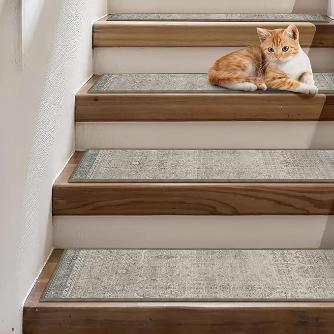 sarben Carpet Stair Treads Non Slip 15PCS, 8" X 30" Edging Stair Runner for Wooden Steps Indoor, Resistant Stair Rug with Reusable TPE Adhesive Backing, Residue Free Mat for Elders, Pets, Cameo