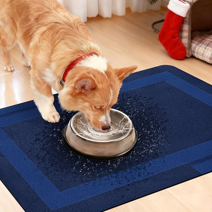 ACCUMTEK Non Slip Bath Mat, Thin Bathroom Rugs Fit Under Door, Quick Dry Bath Mats, Machine Washable Bath Rugs for Bathroom, Bathtub & Kitchen, Dark Blue/Bordered/24 x17+ 24"x20" Contour Rug