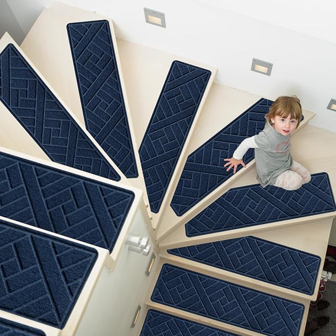 Non-Slip Carpet Stair Treads for Indoor Wooden Steps, Made of Polyester and Reusable Adhesive, Suitable for Kids Elders and Pets of 15 Pack 8 "X 30" (Navy Lines)