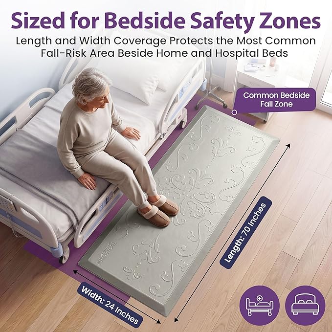 ProHeal Fall Mat for Elderly - Non-Slip Floor Mat for Seniors - Bedside Safety Fall Prevention - Elegantly Designed Grey Bedside Pads for Elderly - 70" x 24" x 0.7"