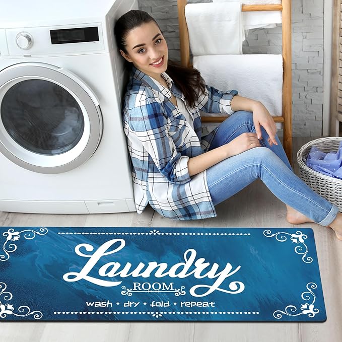 XLHOMO Laundry Room Rug Runner Non Slip, 17.7"x45" Navy Blue Laundry Mat Farmhouse Washable, Laundry Rugs for Laundry Room Floor, Mudroom, Kitchen, Washroom, Bathroom, Hallway, Entryway Carpet Decor