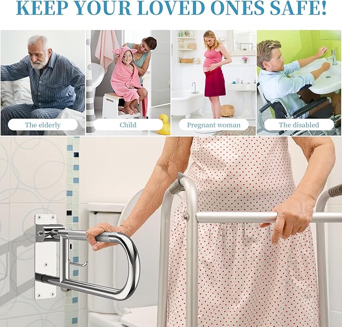 Toilet Grab Bar 22.4 Inch Chrome, Munzong Anti-Slip Handicap Grab Bars with Paper Holder, Flip-Up Bathroom Safety Rails, Stainless Steel Knurled Support handrails for Seniors Elderly Disabled Pregnant
