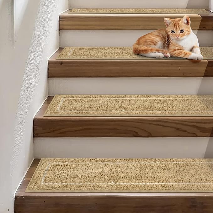 Non Slip Microfiber Stair Treads for Wooden Steps, 15PCS 8"x30" Indoor Safety Carpet, 3D Cut & Loop Tufted Edging Mats with TPE Adhesive Backing, Pet & Elderly Friendly Stair Rugs (Tan Border)