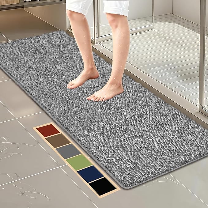 Bcoimo 70x24 Chenille Bath Mat – Non-Slip with Backing Bath Rug Ultra-Absorbent and Machine Washable Bathroom Mat Quick-Dry Design. Ideal for Bathroom Shower and Tub Areas