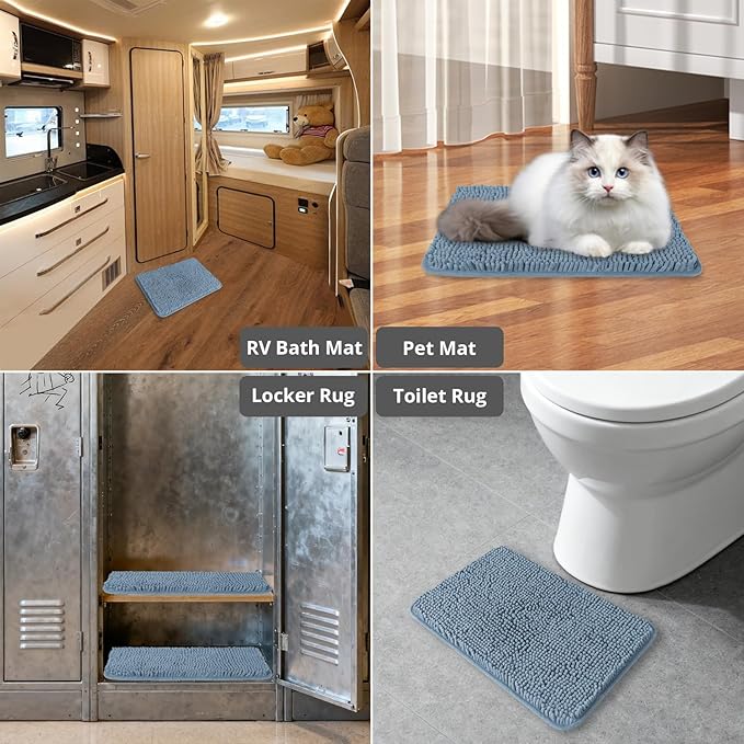 Small Bathroom Rug 12"x18" – Washable and Absorbent Bath Mat, Non Slip, Thick Soft Chenille Bath Rugs for Bathroom, Shower, Sink, Dog mat(Blue)