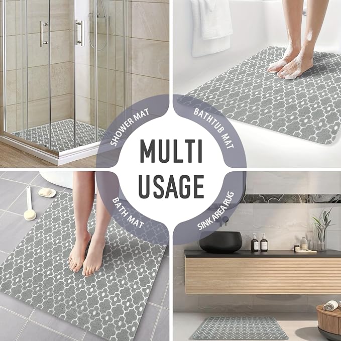 Square Shower Mat, 24 x 24 Inch Non Slip Gray Shower Stall Mat, Quick-Dry PVC Loofah Bath Mat for Shower Tub Bathroom