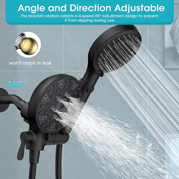 FASDUNT Dual Handheld Shower Head Combo, Enjoy 6-Setting Rain Showerhead and 6-Setting Hand Held Shower Separately or Together, 2 in 1 Showerhead with 80" Extra Long Stainless Steel Hose, Black