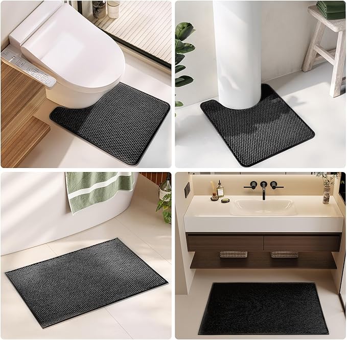 TYUU Black Bathroom Runner Rugs, Long Bath Mat Runner Washable Thin Quick Dry Low Pile Bathroom Runner Rugs Non Slip, Black 16''x60''