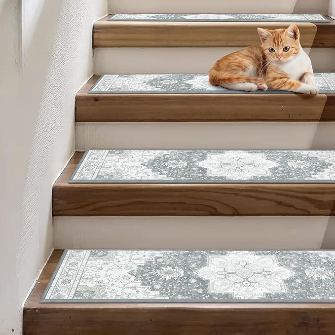 sarben Non Slip Stair Treads for Wooden Steps 15PCS - 8"x30" Indoor Safety Carpet, Edging Mats with TPE Adhesive Backing, Pet and Elderly Friendly Stair Rugs (Grey)