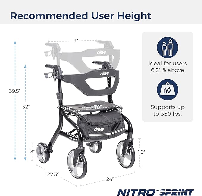 Drive Medical Nitro Sprint Foldable Rollator Walker with Seat - Lightweight Support - Large Wheels - Compact Folding Design - Adjustable Comfort - Tall Size - Black