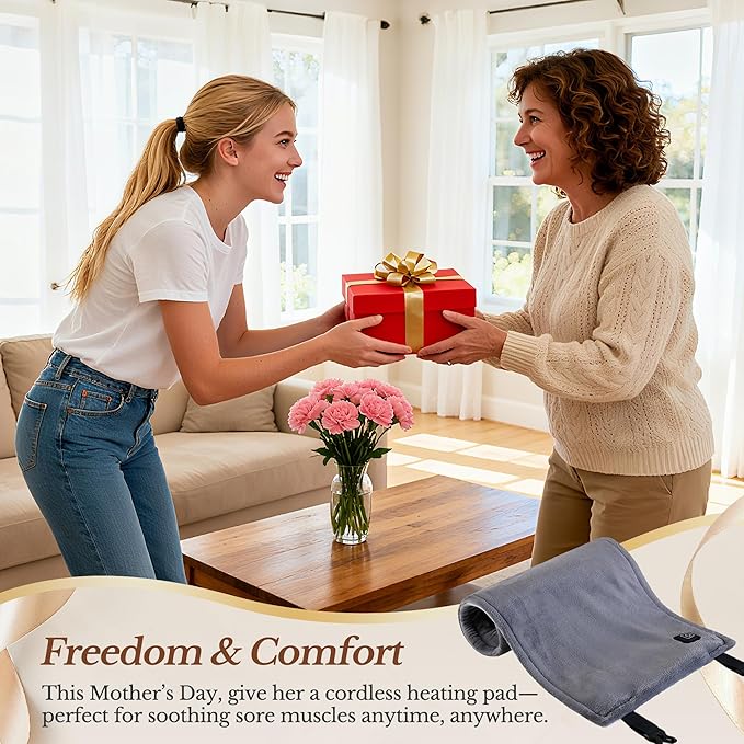 Cordless Heating Pad for Back Pain Relief & Cramps, 12"x24" Portable with Adjustable Straps, Battery Operated, 3 Heat Levels for Back/Shoulder/Legs, Gift for Mom