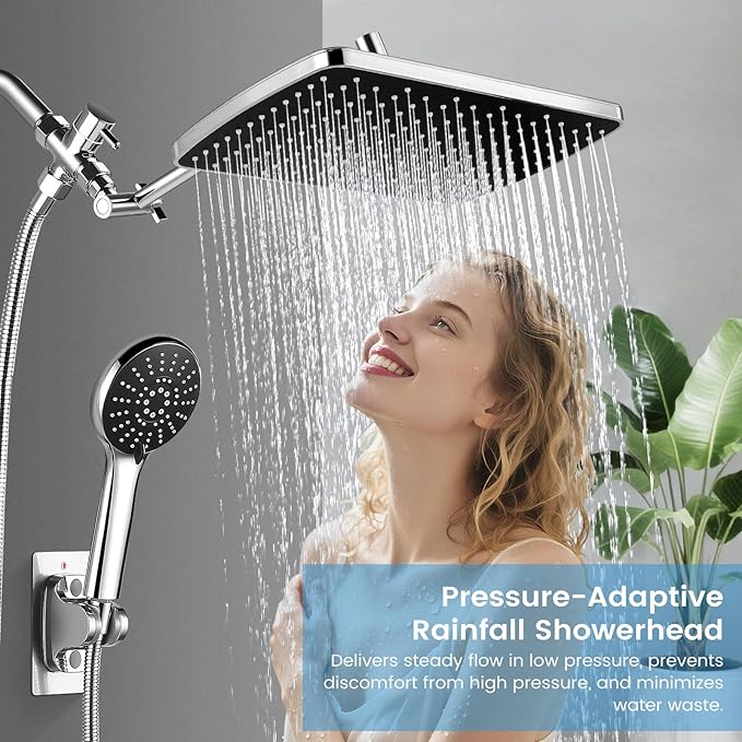 Rain Shower Head with Handheld, 11.8 Inch High Pressure Handheld Shower with Multi Spray Modes, Holder and Rainfall Combo 11'' Extension Arm, Chrome, Bathroom Decor