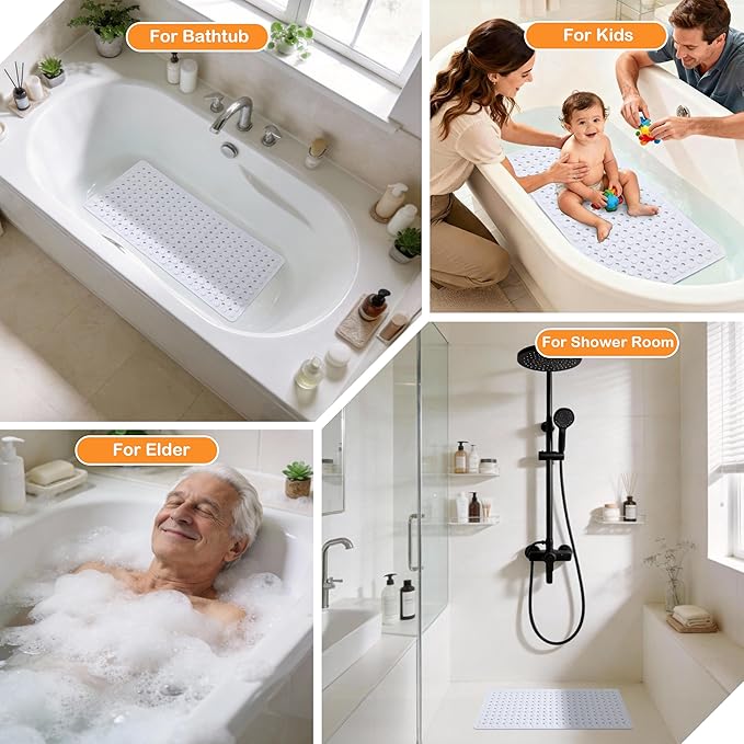 Yimobra Bathtub Mat Non Slip, 27.5"x15.5" Machine Washable Shower Floor Mat, Soft on Feet, Bathmat with Drain Holes and Suction Cups, Bathroom Essentials, White