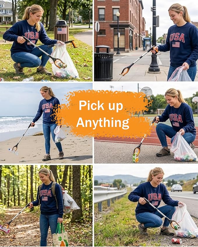 2 Pack Grabber Reacher Tool, 32" Foldable Reacher Grabber Pickup Tool for Elderly, Orange Heavy Duty Rotating Jaw Trash Litter Picker, Lightweight Arm Extension Mobility Aid for Disabled