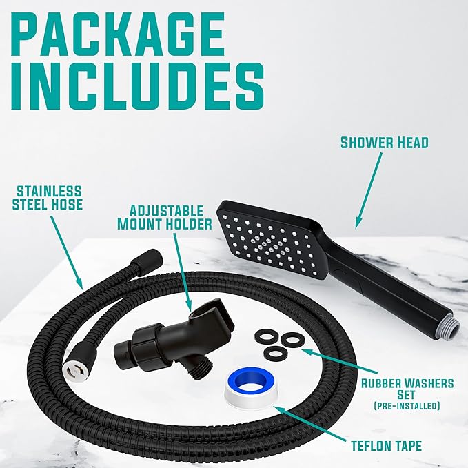 Metpure Handheld Shower Head with Easy Clicker for Multiple Sprays. Low Profile Lightweight Rectangular Shower Head. Stainless Steel Hose & Adjustable Mount Holder. Matte Black Finish