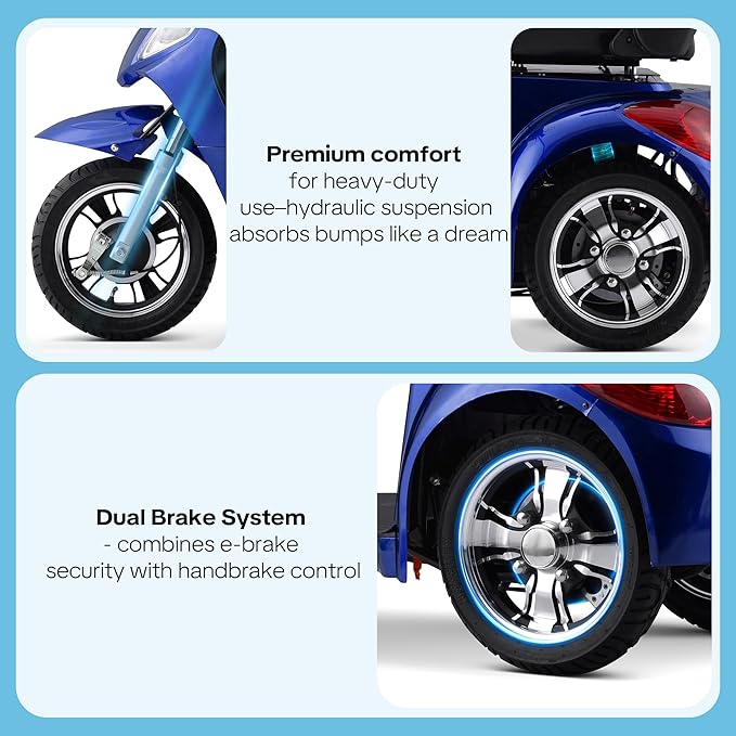 Super Large Electric 4 Wheel Mobility Scooters, Heavy Duty 800W Wheelchair Device, 25 Miles Long Range, All Terrain Mobility Scooter,Speed Adjust, Remote Key,Receive Ready to Ride (3 Wheel -Blue)
