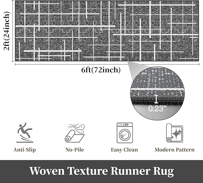 Washable Runner Rug 2x6, Gray Modern Distressed Stripe, Kitchen Runner Rug Non Slip, Woven Thin No Shed Runners for Entryway, Kitchen, Laundry Room- Gray