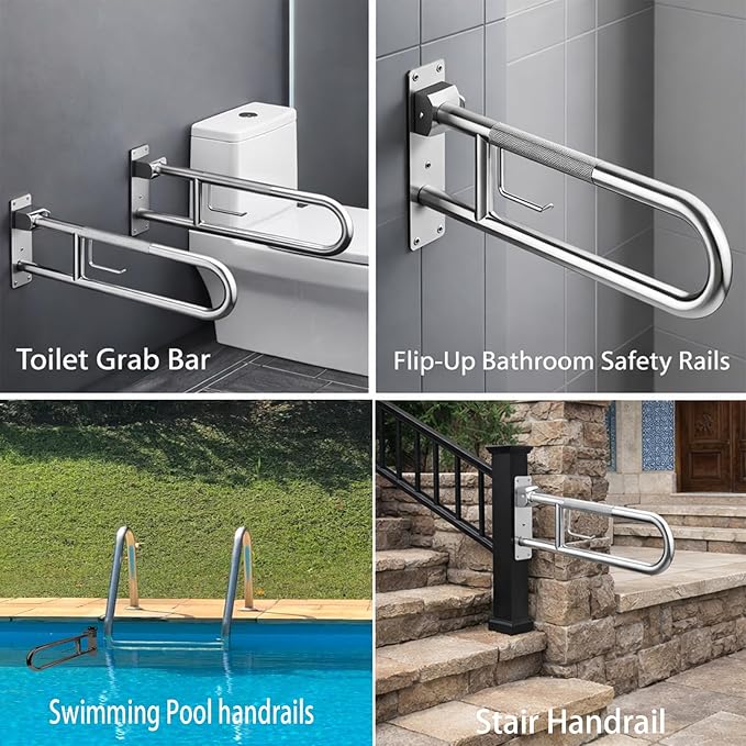 23.6" Flip-Up Toilet Grab Bar with Paper Holder,304 Stainless Steel Bathroom Safety Rail, Anti-Slip Folding Handicap Grab Bar for Seniors, Elderly & Disabled, Wall Mounted Support Handrail