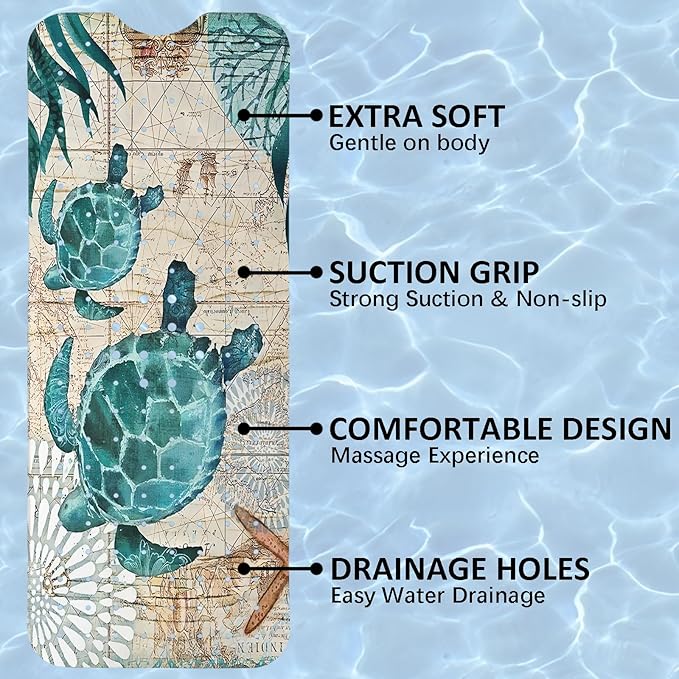 Sea Turtle Bathtub Mat Non Slip, Baby Bath Mat for Tub Rubber Tub Mat, Cute Kids Bath Mats for Bathroom Ocean Beach Anti Slip Shower Mat with Suction and Drain Holes Machine Washable, 40″X16″