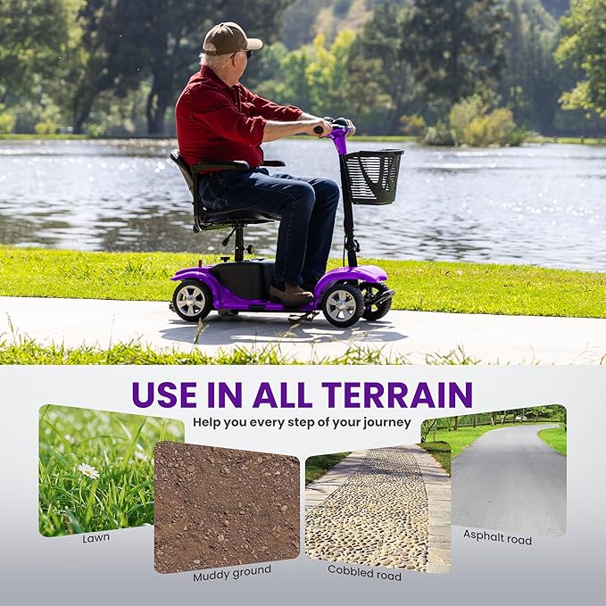 Arshin Mobility Scooter, Electric Foldable Mobility Scooter 300lbs Capacity with Detachable Battery, 15-Miles Powered Mobility Scooters for Seniors & Adults with USB Port, Charger Included (Purple)