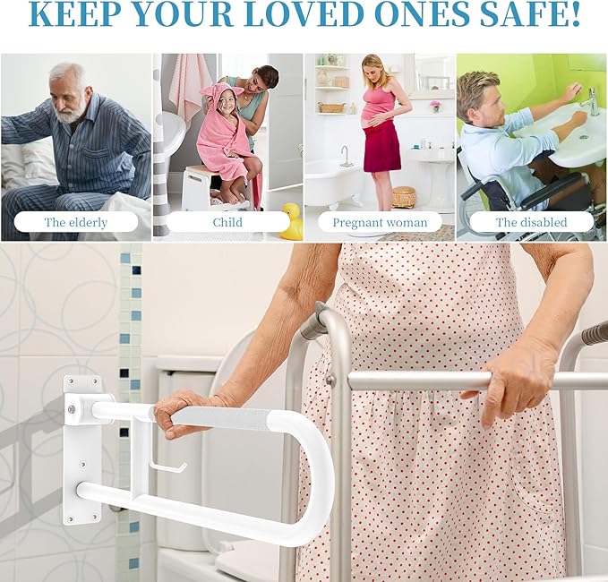 U Shaped Toilet Grab Bar 30.3 Inch, Munzong White Anti-Slip Support Rail, Flip-Up Bathroom Grab Bar with Paper Holder, Stainless Steel Knurled Handicap Safety handrails for Elderly Disabled Pregnant