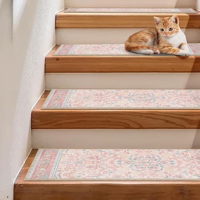Non Slip Stair Treads for Wooden Steps 15PCS - 8"x30" Indoor Safety Carpet, Edging Mats with TPE Adhesive Backing, Pet and Elderly Friendly Stair Rugs (Light Pink Blue)
