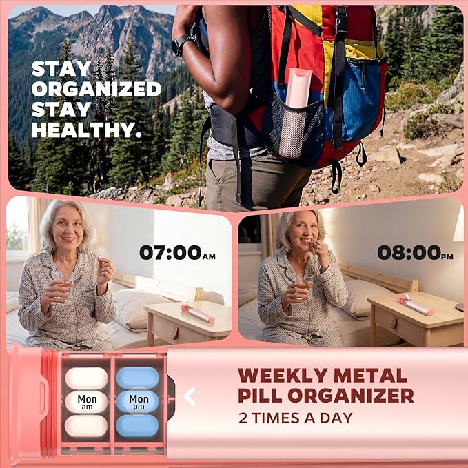 Metal 7 Day Pill Organizer 2 Times a Day-Travel Pill Box Case with Moisture-Proof Airtight Lids, Weekly AM PM Medicine Container for Vitamins, Fish Oil, Supplements and Medications (Pink)