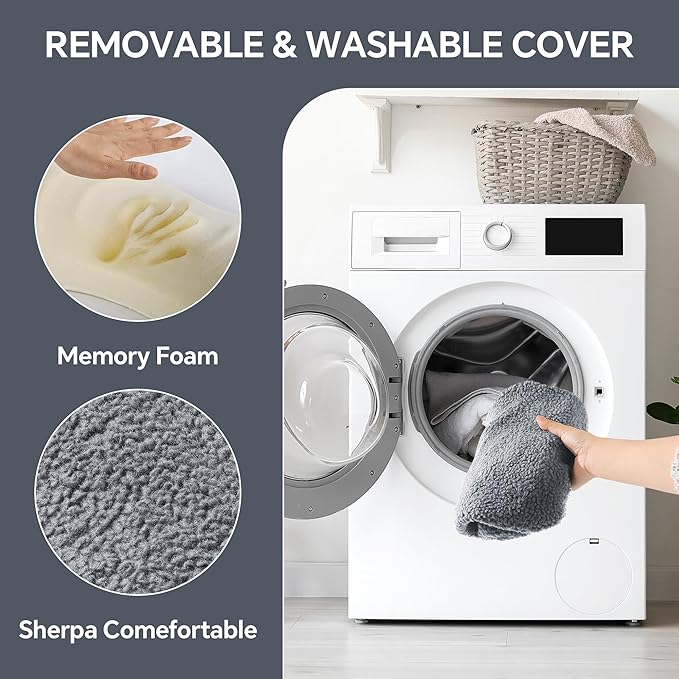 ROYALAY Sherpa Lumbar Support Pillow for Recliner, Memory Foam Back Pillow for Chair, Warm Couch Back Cushions for Elderly with Machine Washable Cover, Lumbar Pad for Car Office Chair, Grey