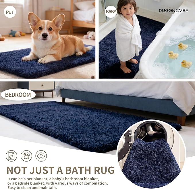 Bathroom Rugs Non Slip Washable 59x24, Ultra Thick Soft Microfiber Absorbent Bath Mats, High Density Foam Latex Non Slip Backing Bath Rugs, Fluffy Floor Carpet for Tub&Shower, Navy