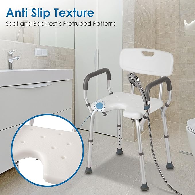Shower Chair with Arms and Back Heavy Duty 330lbs, Shower Chair for Inside Shower, Shower Seat for Inside Shower Bathroom Chair with Cutout Seat & Cold-Proof Pads, Tools-Free Assembly