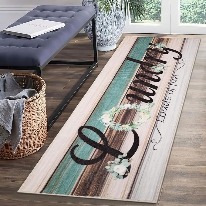 XLHOMO Non-Slip Laundry Rug 20"x47" - Multi Floral Low-Pile Comfort Cushion Machine Washable Mat, Modern Farmhouse Runner for Laundry Room, Entryway & Kitchen