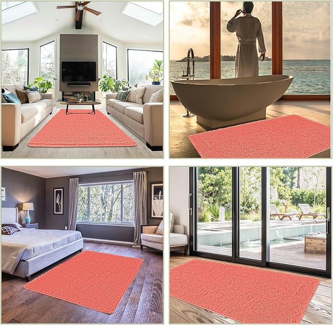 Bathroom Rugs 36 x 60 Inch – Extra Large Bath Mat | Absorbent and Washable Thick Chenille Bath Rugs Non-Slip Runner Rug for Bathroom, Shower, Tub(Coral)