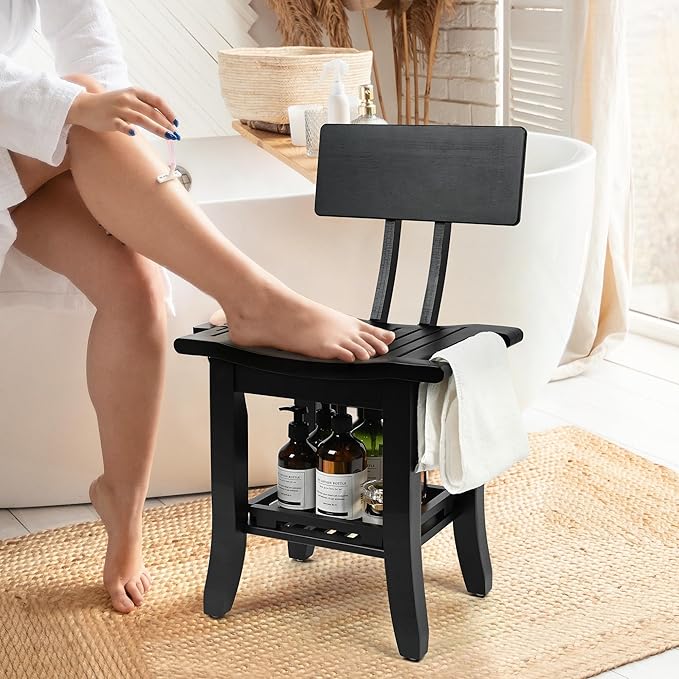 Ollieroo Two-Tier Bamboo Shower Chair for Inside Shower, Waterproof Baby Bath Seat with Storage Shelf, Soap Dish and Shower Head Holder, Shower Stool for Seniors Adults Disabled Pregnant(Black)